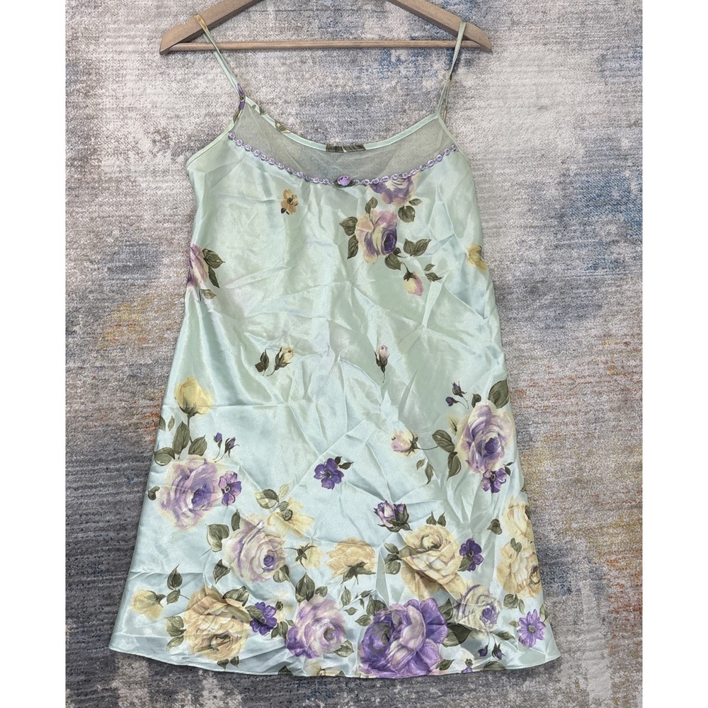 Vintage California Dynasty Babydoll Nightgown M Green Floral‎ Y2K Romantic Slip - Picture 2 of 8